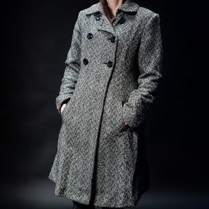 VIA Wool Black & White Peplum Jacket with Silver Accents